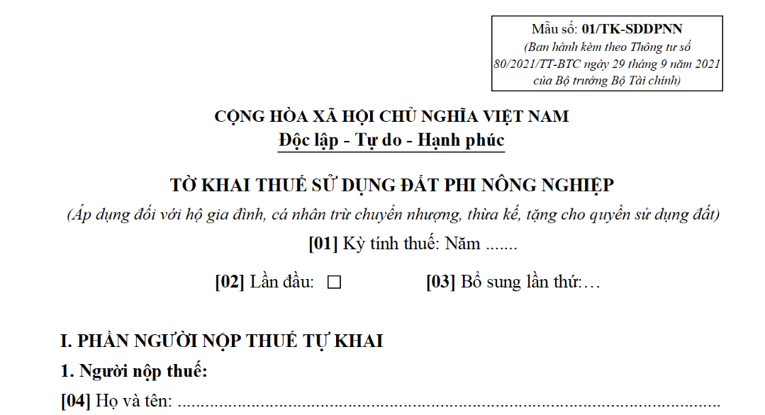 Mẫu số 01/TK-SDDPNN – Tờ khai thuế sử dụng đất phi nông nghiệp (áp dụng đối với hộ gia đình, cá nhân)